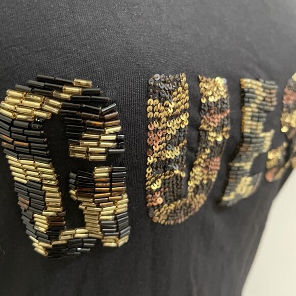 Vintage‎ Guess Shirt Leopard Print Logo Beads Sequins Bling Y2K Top Black Medium - Picture 3 of 9